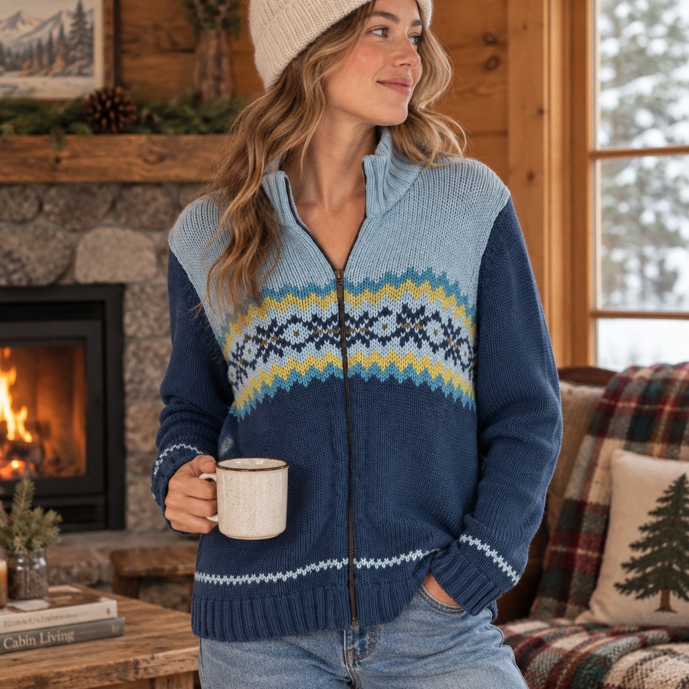 LL Bean Womens Vintage Y2K Fair Isle Knit Cardigan Sweater XL Blue Cottage